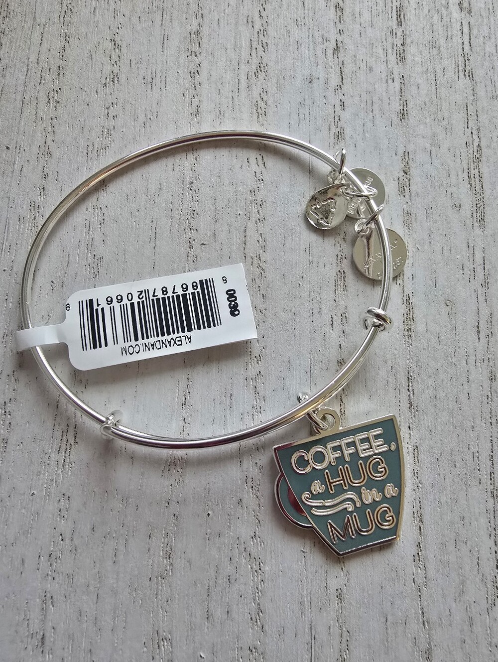 Alex and Ani Silver Bracelet with Teal Enamel 'Coffee Hug in a Mug' Charm